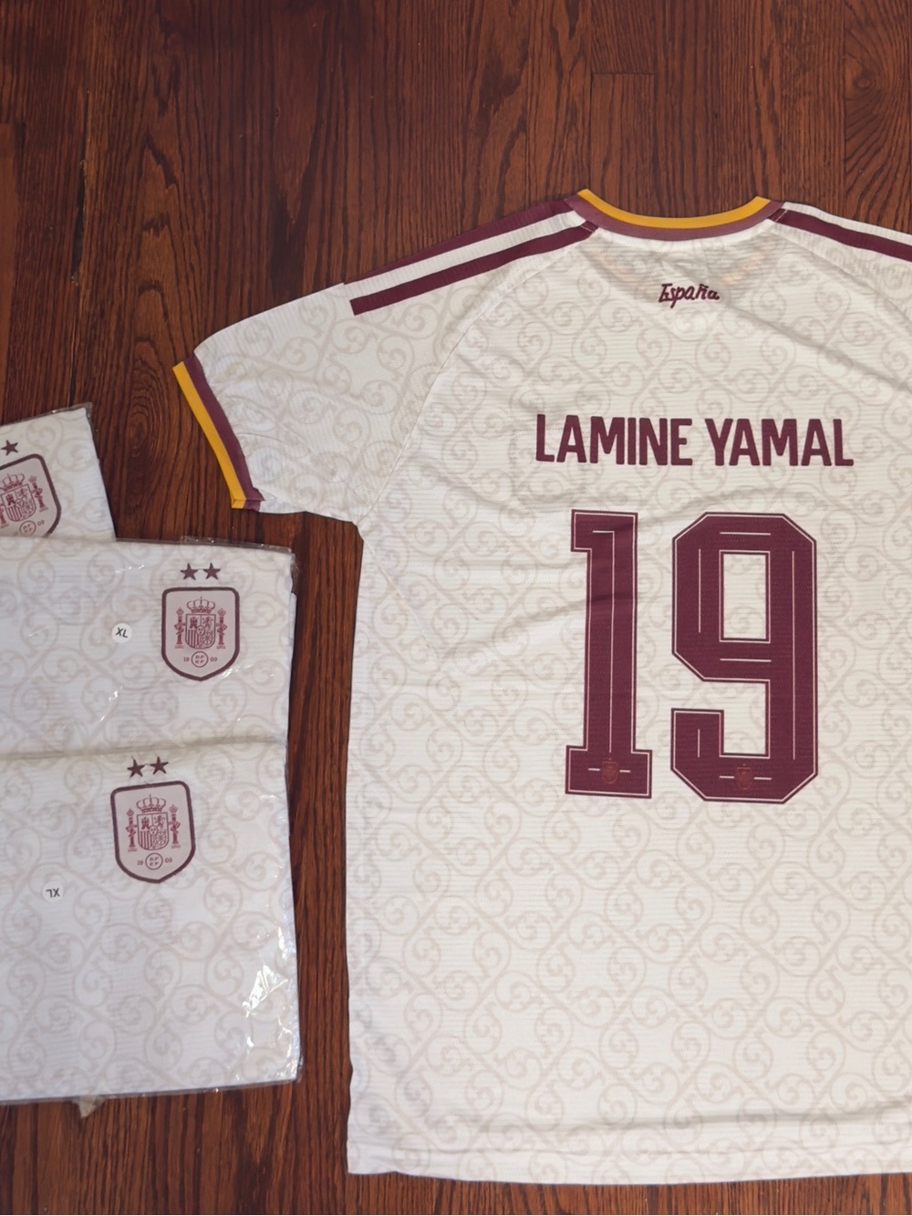 adidas White and Maroon Spain Lamine Yamal #19 Soccer Jersey